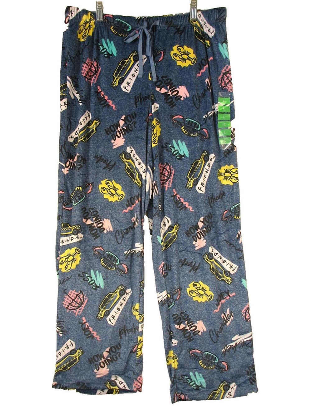 Friends Womens High Rise Pajama Pants Drawstring Waist Pockets Size L Blue
